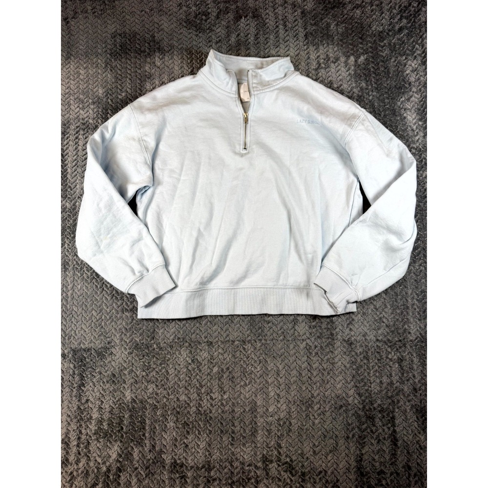 Lazy Sunday Sweatshirt Women Large Light Blue Logo Fleece Lined Quarter Zip Warm